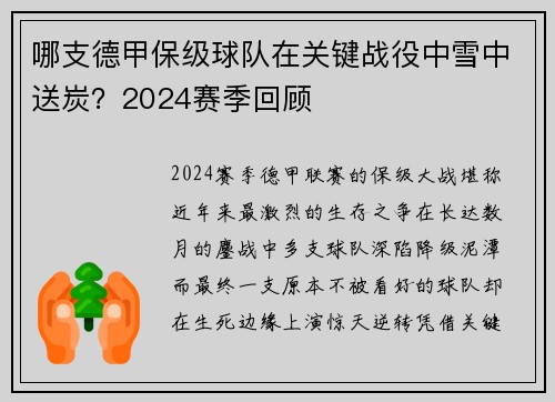 哪支德甲保级球队在关键战役中雪中送炭？2024赛季回顾